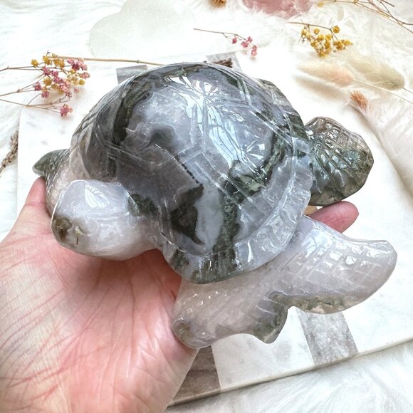 Gorgeous Large Moss Agate Sea Turtle Carving - Picture 5 of 9